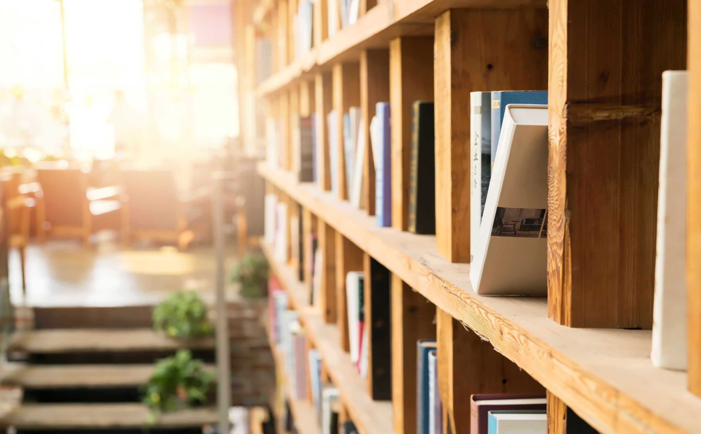 bookshelf in a coffee shop library corner.